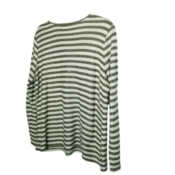 Chicos Womens Striped Long Sleeve‎ Top Size 3 (L) Green & White Sequin Accents - Picture 2 of 8